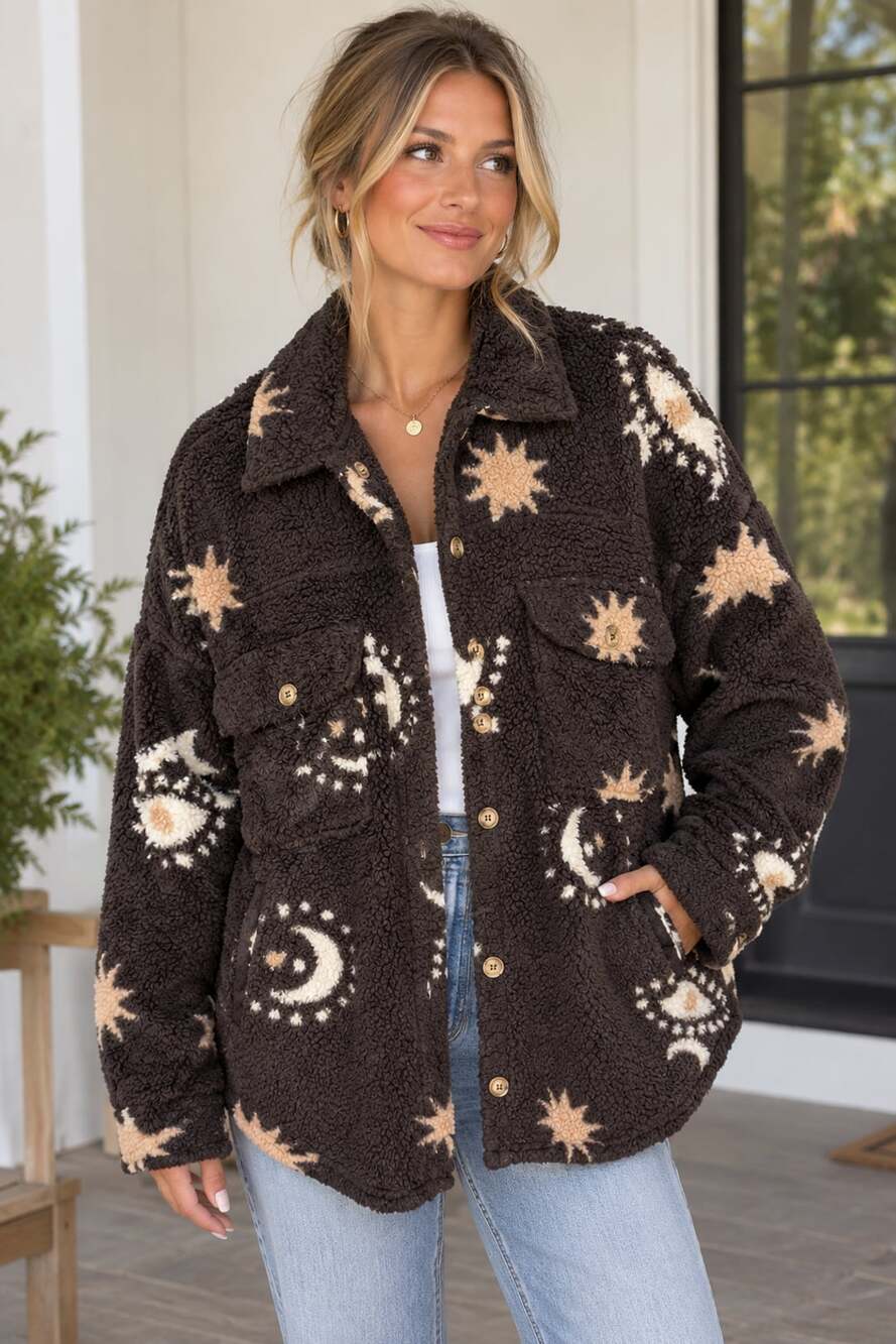 Celestial Borg Fleece Soft Shacket Brown Witchy Moon and Stars Sz XL